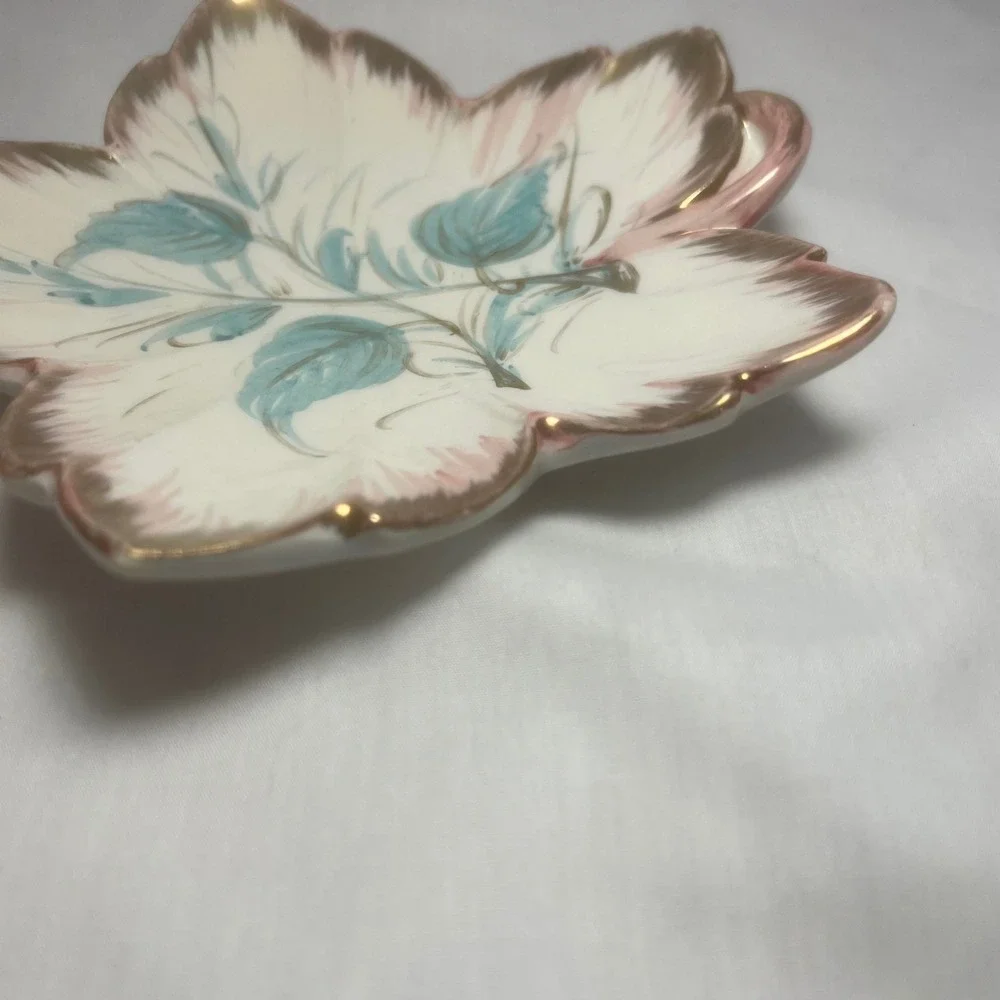 Vintage Italian Leaf Dish Hand Painted Blue & Pink with Gold Trim  Made in Italy